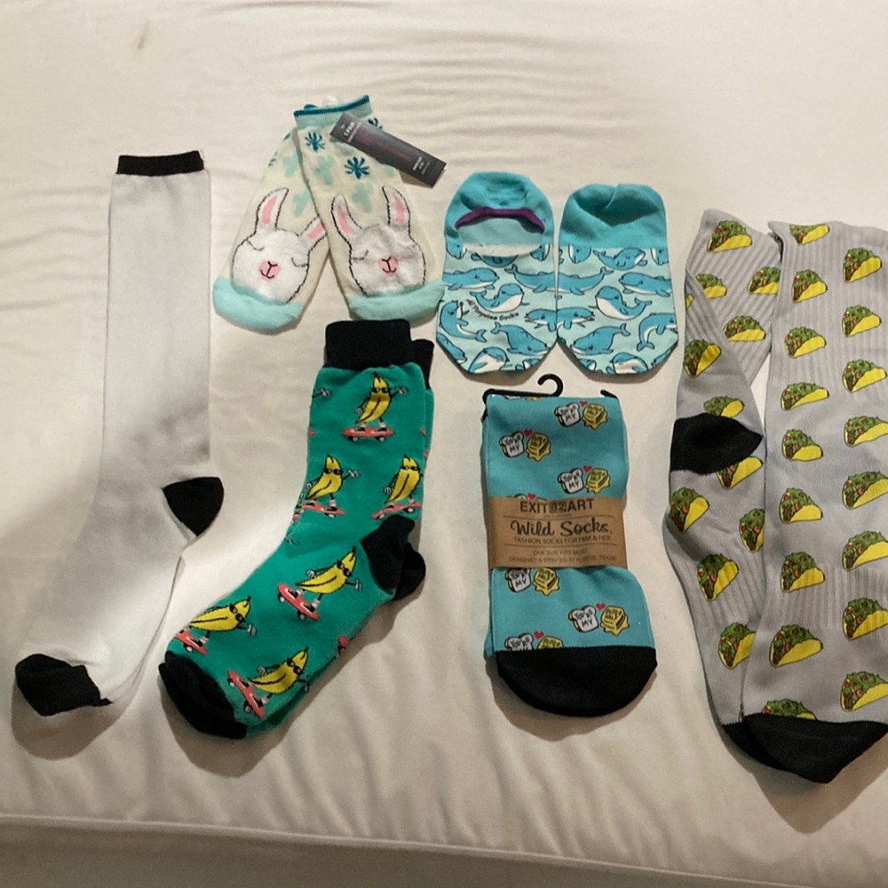 Fun and Colorful Sock Collection, never worn. $10 for 6 pairs socks